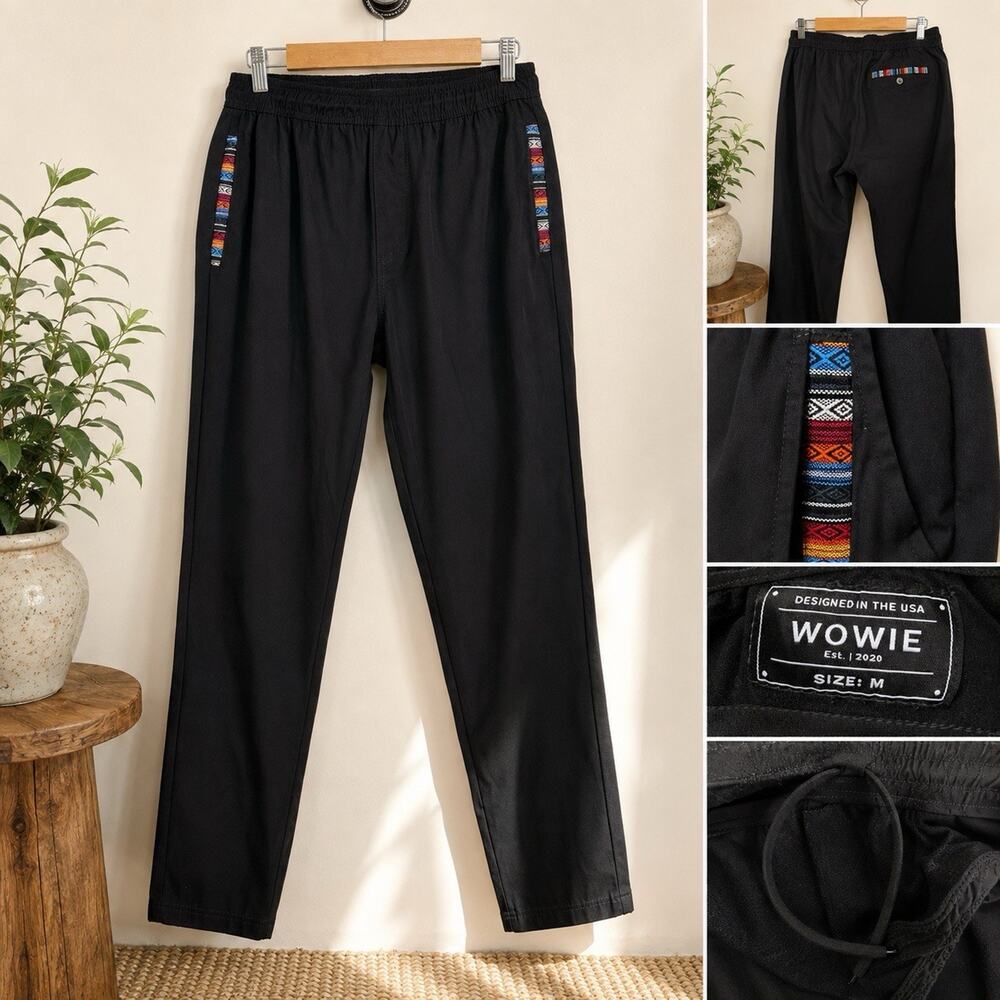 WOWIE M Black Pull-On Travel Pants Southwestern Trim Elastic Waist Straight Leg